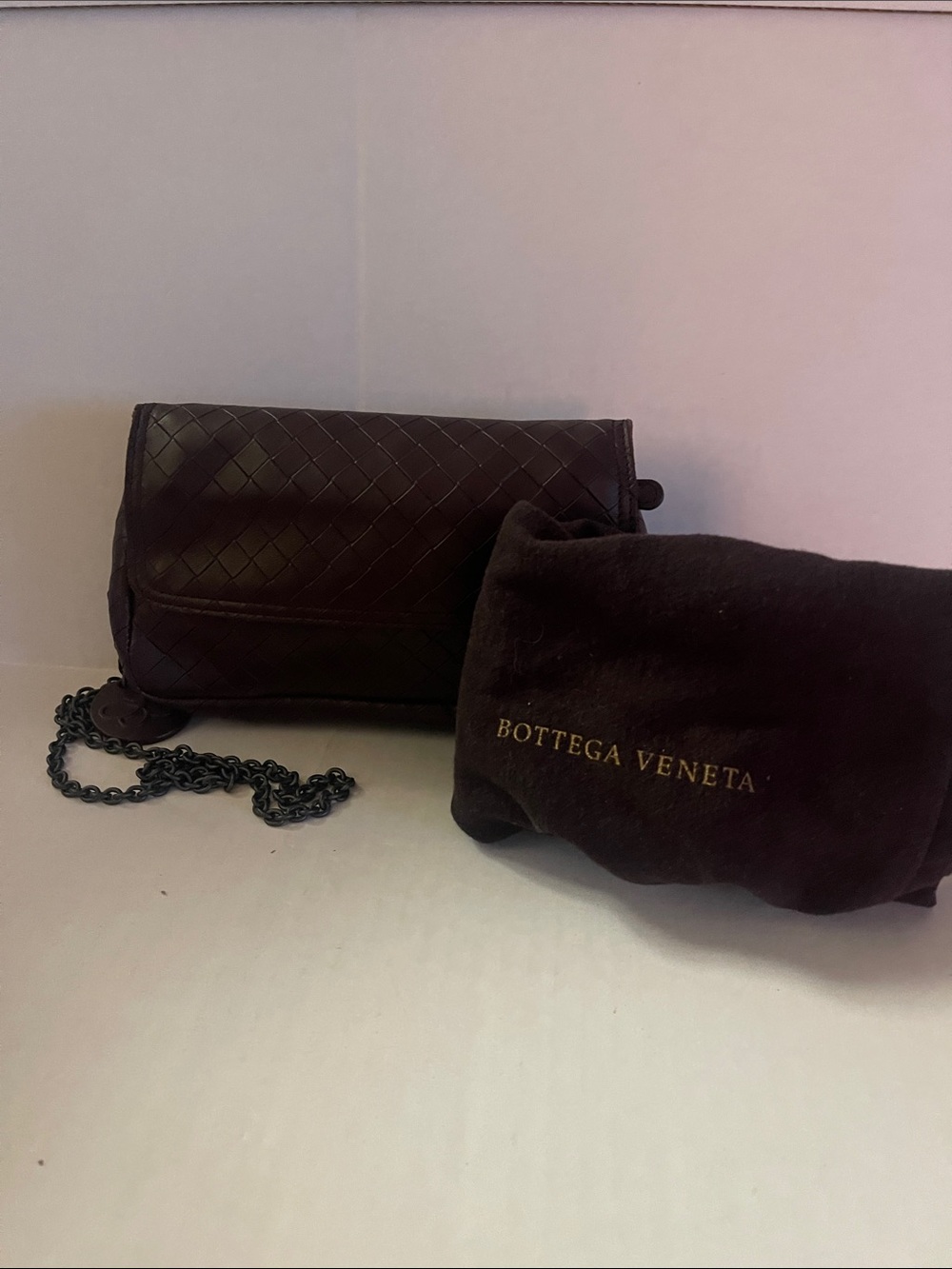 Bottega Veneta Dark Brown Intrecciato Leather Chain Crossbody